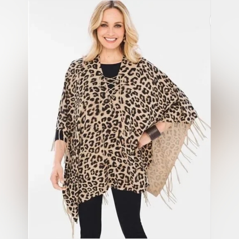 Chicos Lace-Up Animal-Print Fringe Poncho One Size Boho Western Lagenlook